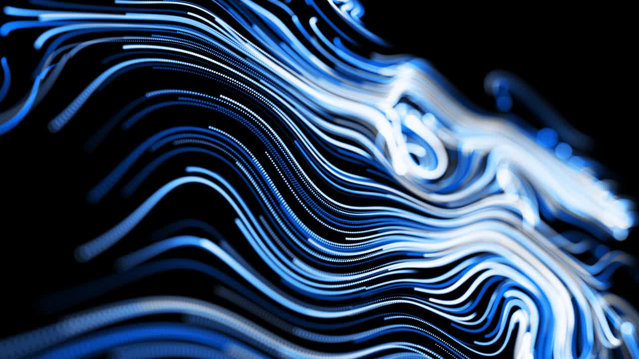 Abstract 3d looped background with lines form swirling pattern like curle noise with light streaks. Flow of particles forms curled lines like blue glow trails. Beautiful swirls of lines as abstract bg