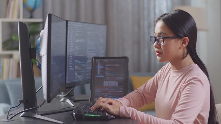 Giovane programmatrice asiatica con un tablet, ingegnere del software, che crea e sviluppa app, programmi e videogiochi innovativi sul computer desktop a casa. Terminale con linguaggio di programmazione