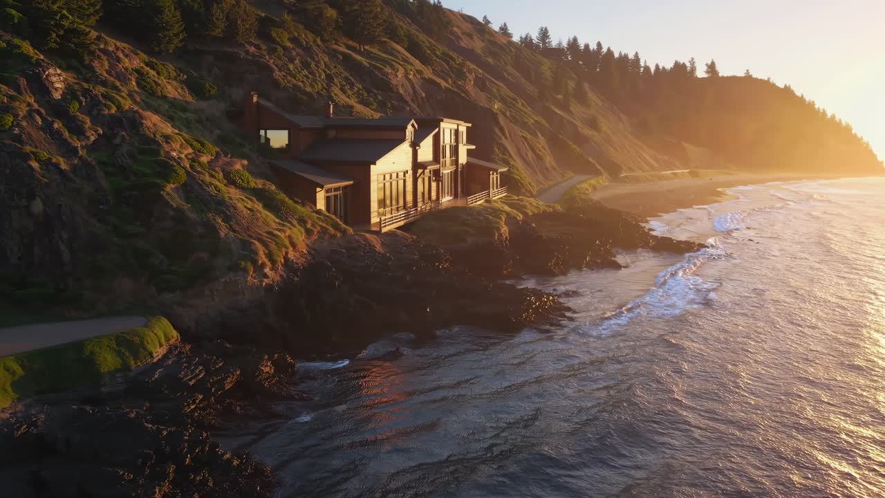 Coastal home nestled on rocky shoreline, capturing the warm glow of sunset while waves gently lap against the shore, showcasing serene natural beauty and architectural elegance
