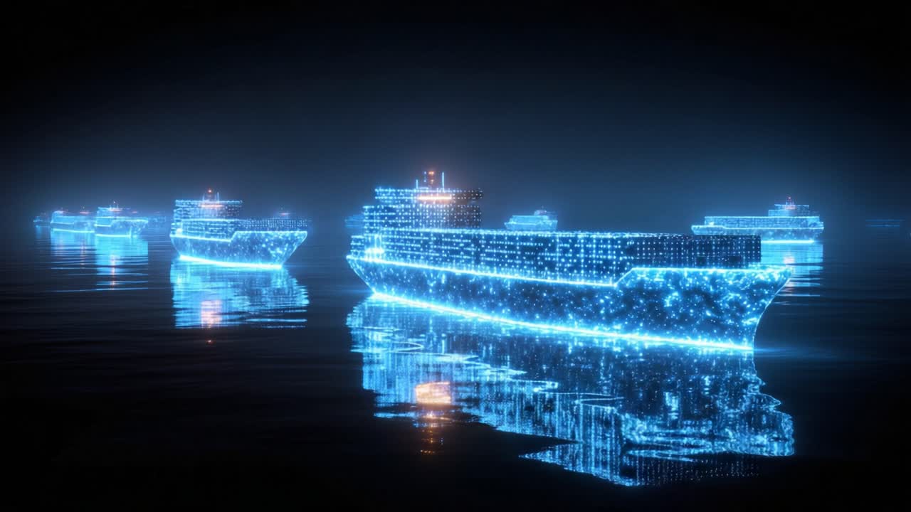 Futuristic digital fleet of glowing blue cargo ships formed from particles sailing a dark sea, representing global logistics, smart maritime transport and data driven supply chains