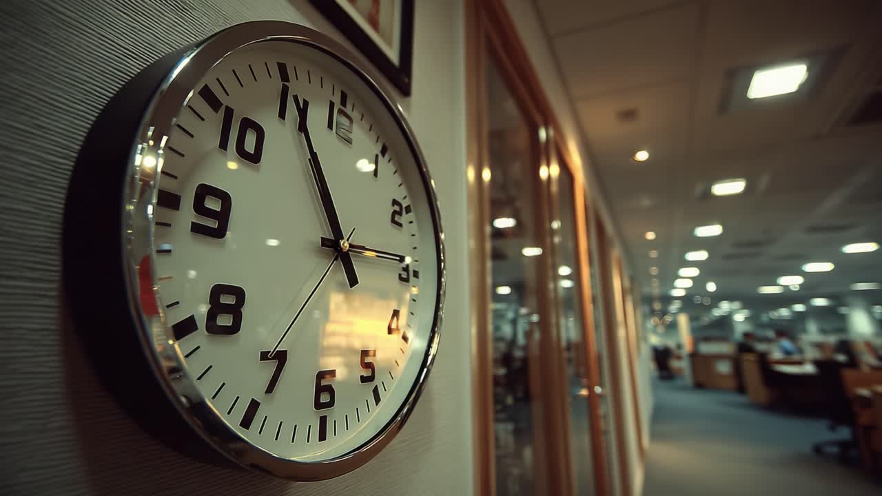 A Close-Up View of a Traditional Wall Clock in an Office Environment, Showcasing Time Passing in a Professional Setting with Soft Ambient Lighting