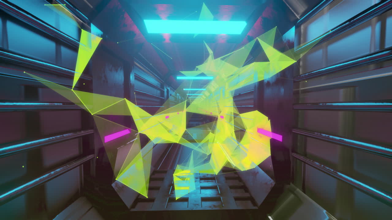 Animation of yellow shapes over moving digital tunnel