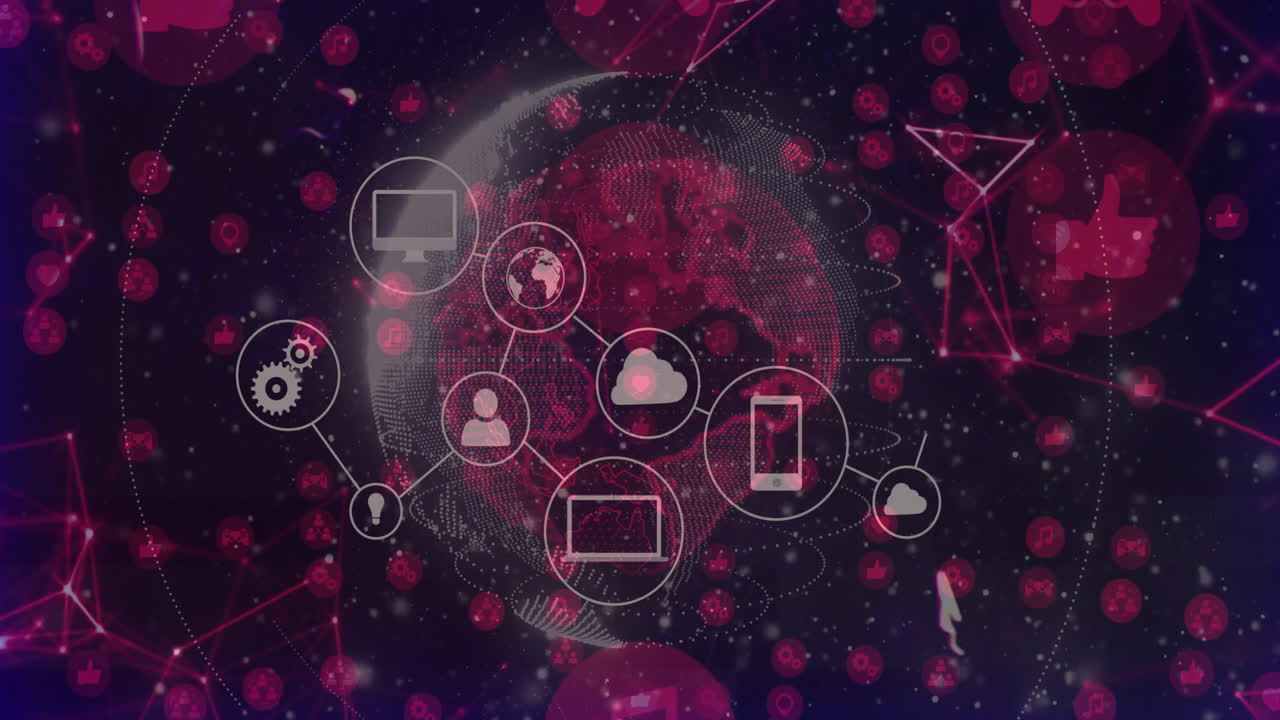 Animated network diagram showing glowing tech icons orbiting dotted globe in flat design