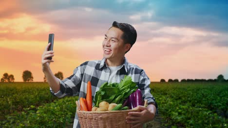 asian male farmer with vegetable basket having a video conference call with someone over smart phone in field