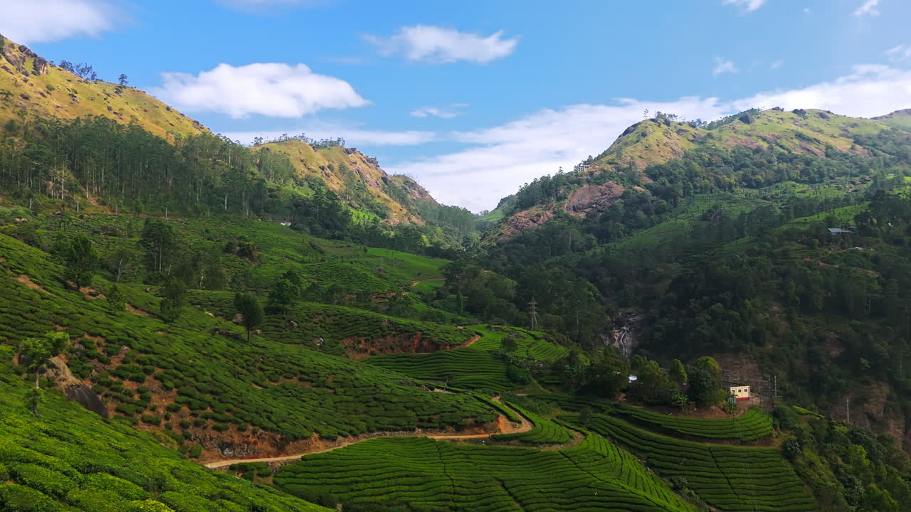 Aerial view close to tea plant revealing a waterfall and mountains of Munnar, India