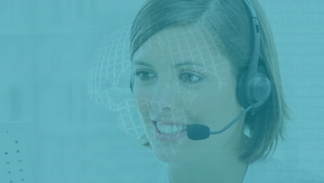 globe spinning against portrait of caucasian female customer care executive talking on phone headset