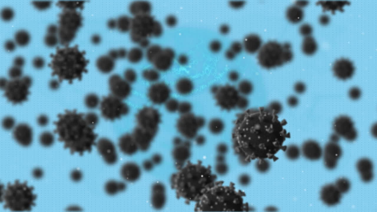 Animazione di cellule Covid-19 che volano su una rete di connessioni