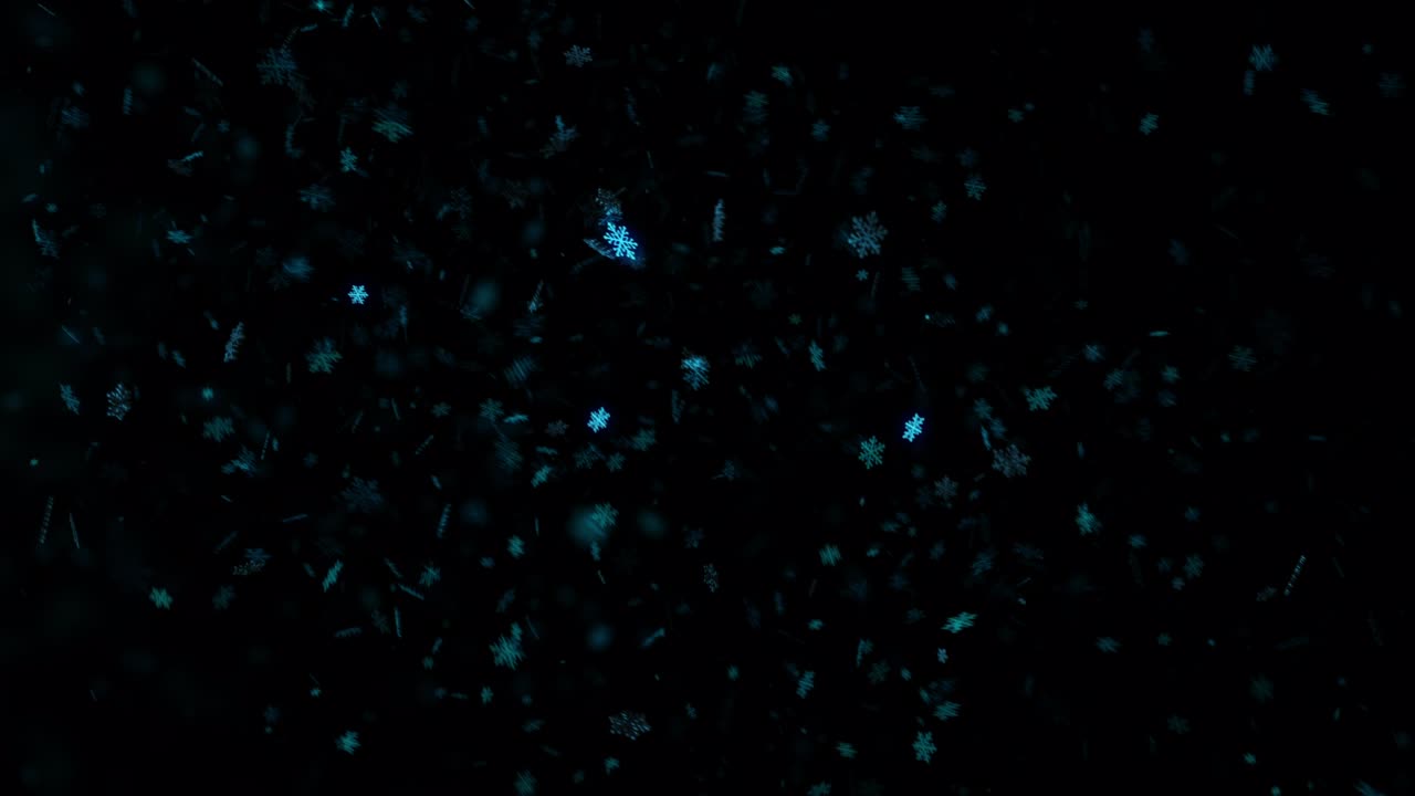 Abstract falling down glowing blue light snowflakes. 4K 3D rendering seamless loop. Winter festive snowflake animation on black for celebration and greeting.