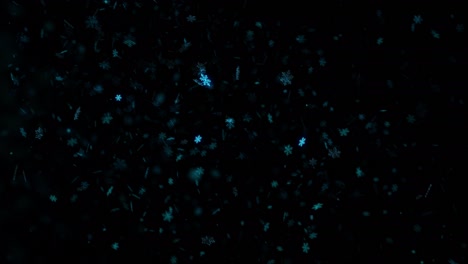 abstracto cayendo hacia abajo brillantes copos de nieve de luz azul. 4k 3d renderización de bucle sin costuras. animación de copo de nieve festiva de invierno en negro para la celebración y el saludo.