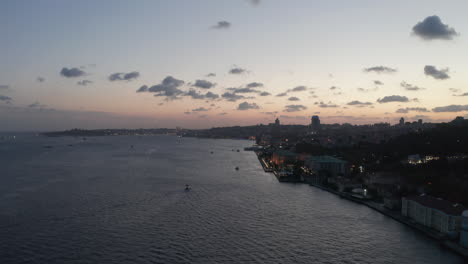 Wide-view-over-Bosphorus-at-Dusk-with-Orange-Colored-Sky,-Aerial-View