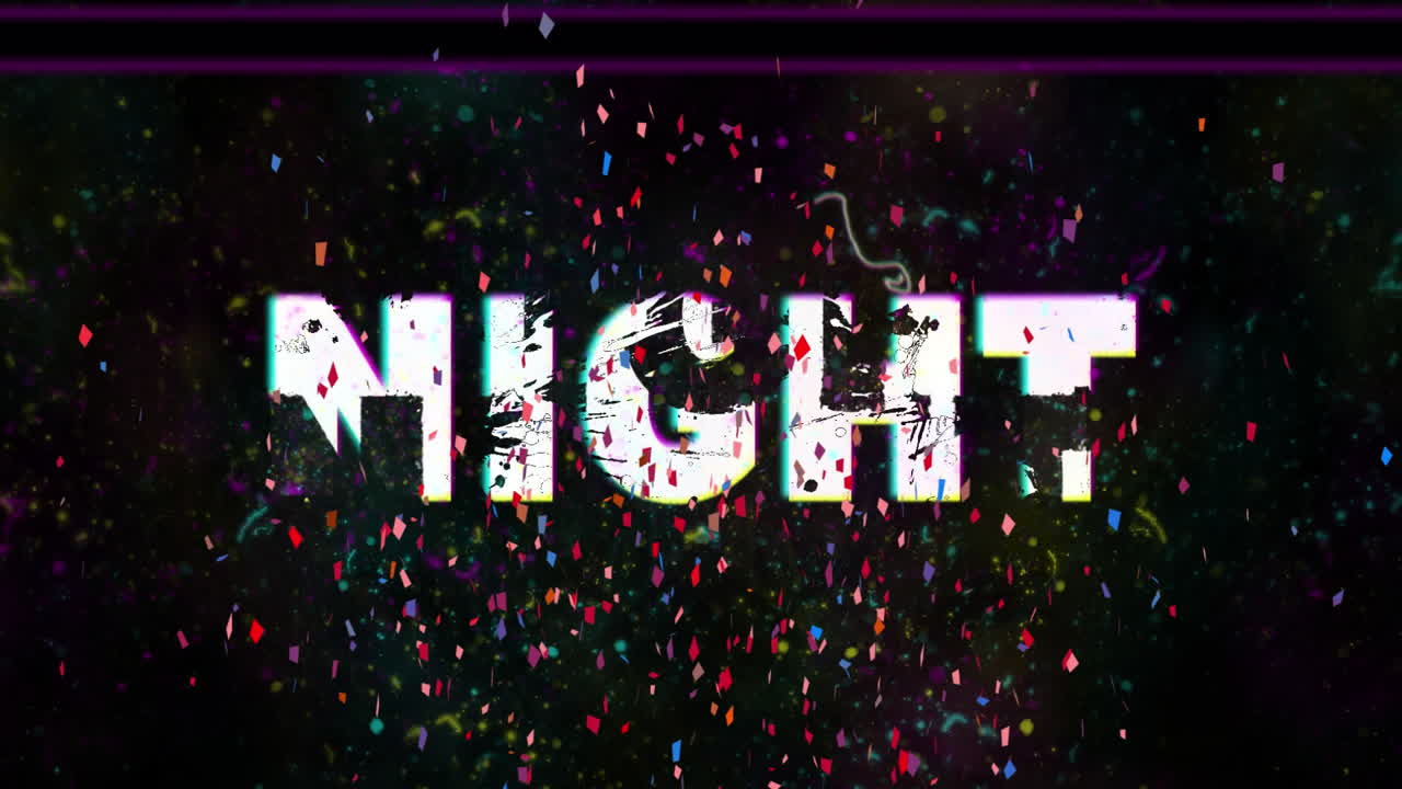 Animation of confetti falling over halloween night text against vhs glitch effect background