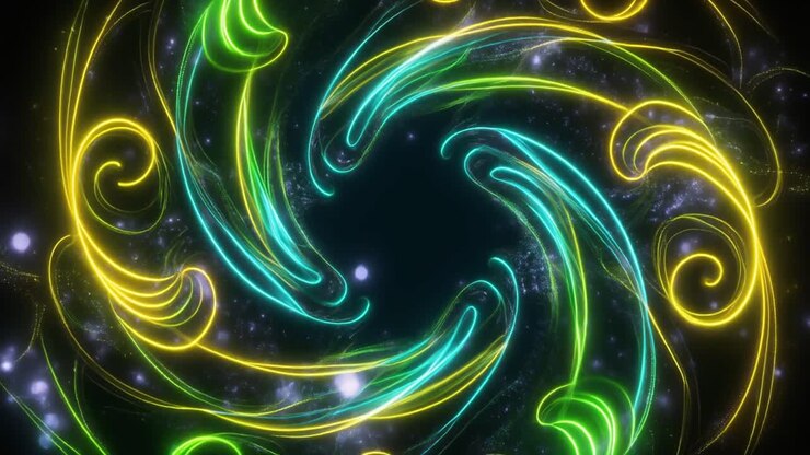 Linhas Neon Abstratas Dinâmicas em Espiral com Partículas Brilhantes