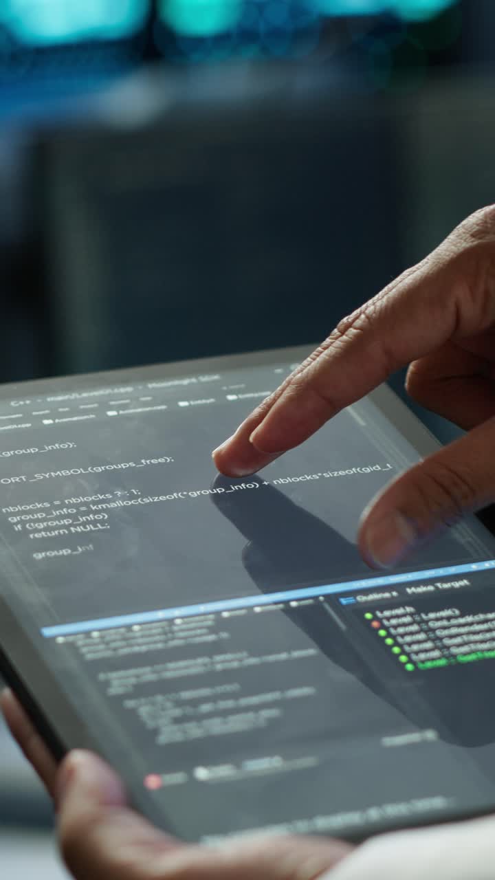 Close-up of Hands Scrolling Through Programming Code on Tablet