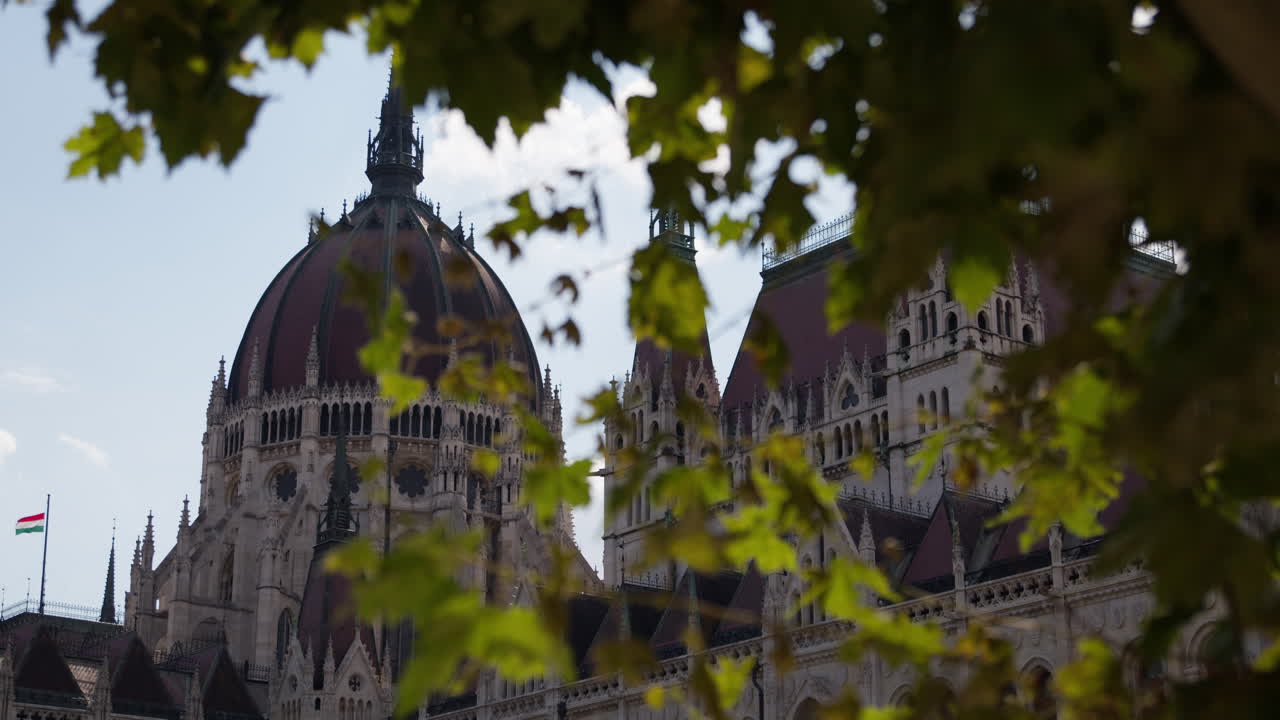 Cupola principale del Parlamento Ungherese dietro alcune foglie