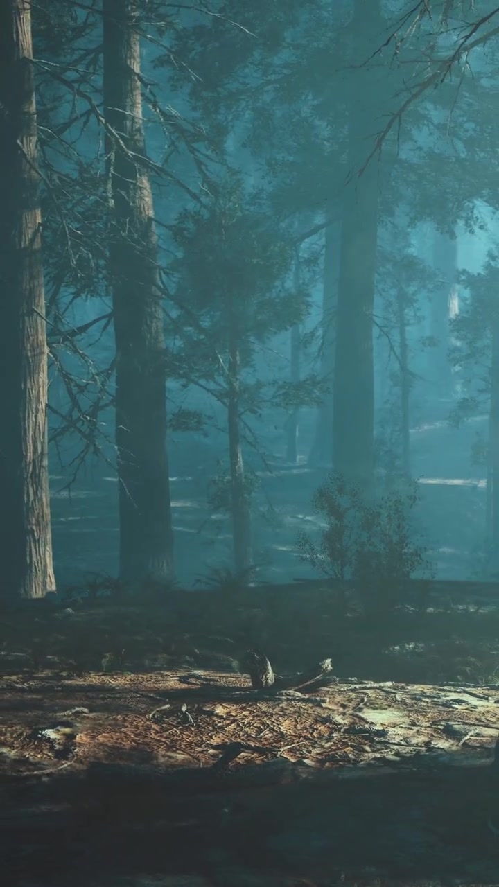Scena boschiva suggestiva con alberi alti e illuminazione soffusa in un ambiente naturale