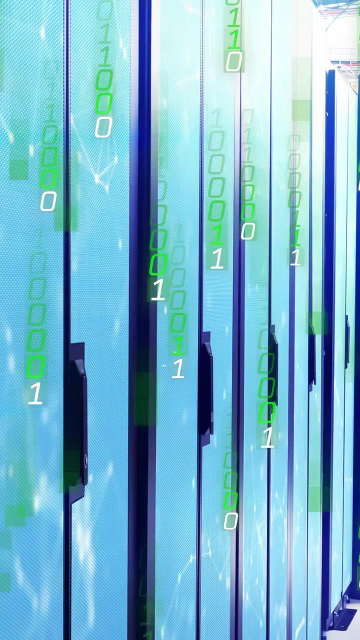 Vertical video: LED panels showing blue ripple, overlay binary stream falling, black handles, tech