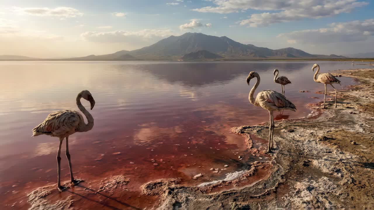 Fenicotteri in un lago rosa con montagne sullo sfondo
