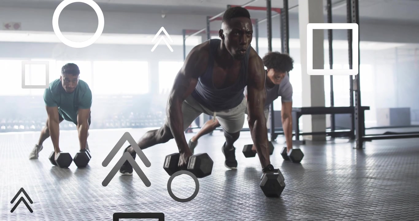 Group gripping hexagonal dumbbells in gym initiating synced plank rows for fitness with graphics