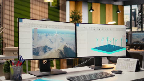 wind turbine simulation on pc screens in research and development office