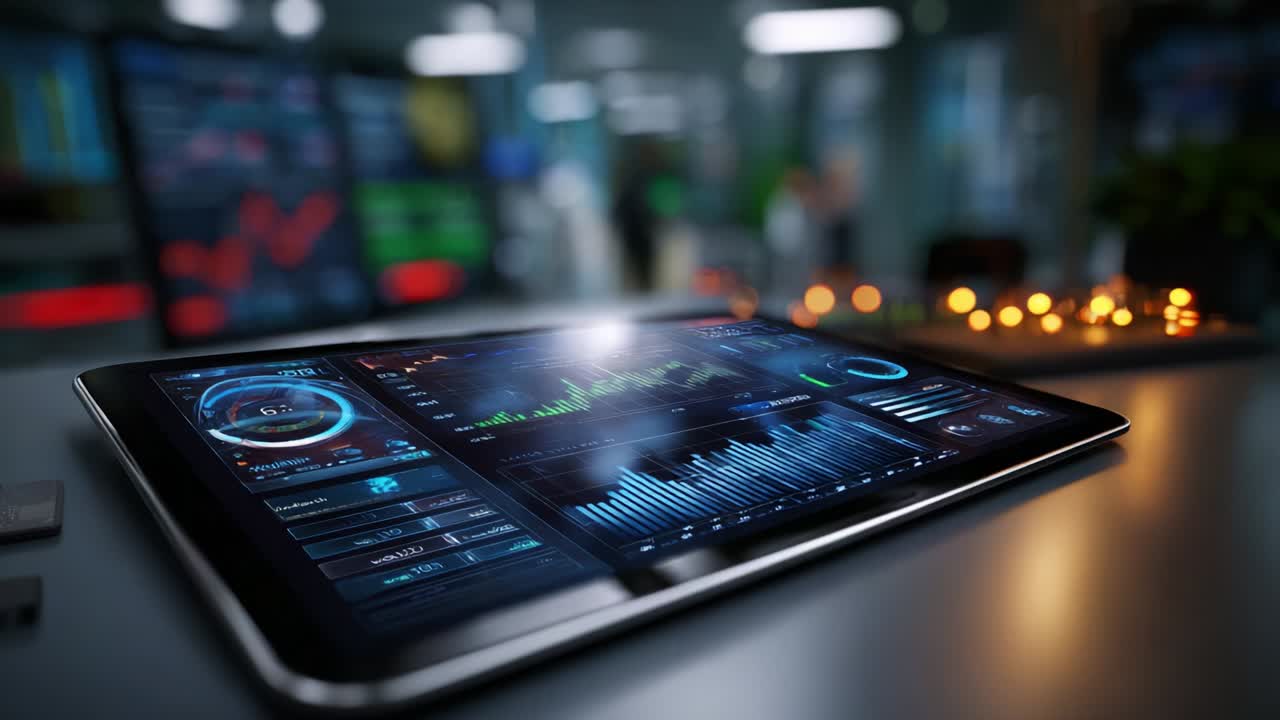 A Close-Up View of a Digital Tablet Displaying Interactive Data Visualizations, Stock Market Trends, and Analytics in a Modern Workspace Environment with Background Activity