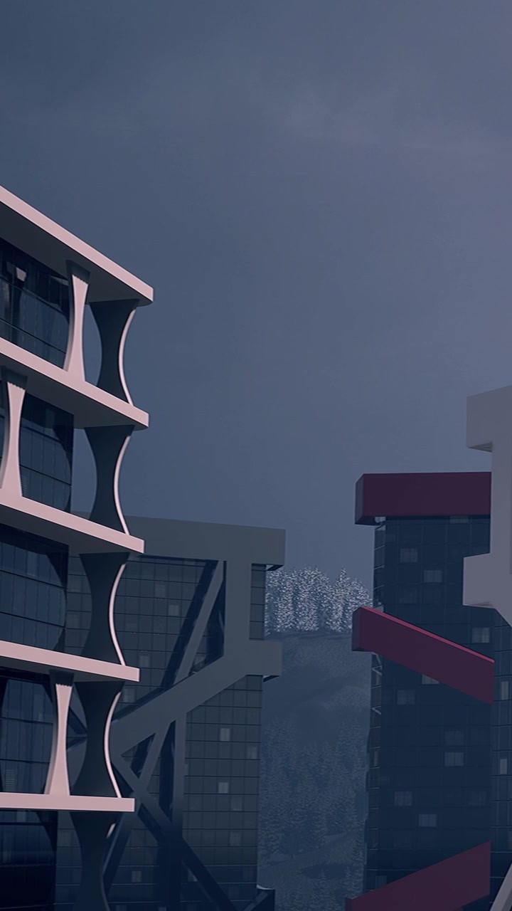 Design de edifício moderno apresenta formas únicas e vidro reflexivo.