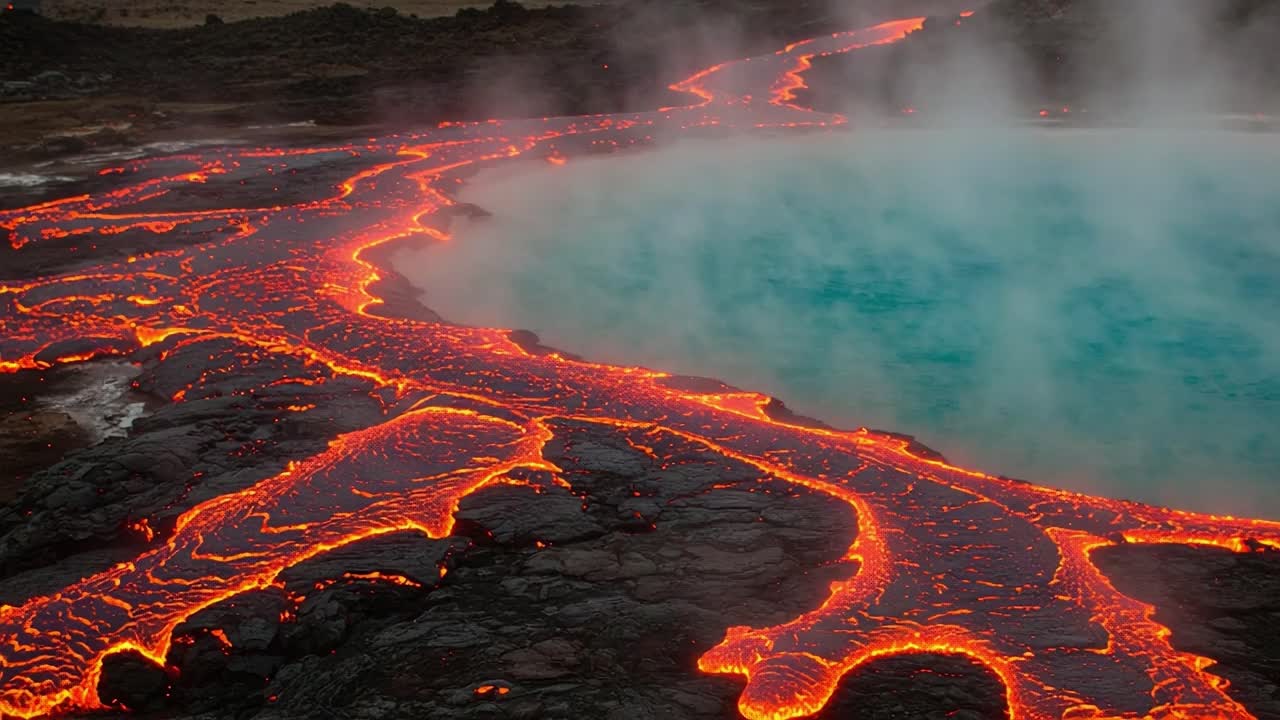 A Captivating View of Flowing Lava and Vibrant Blue Water from a Volcanic Landscape, Showcasing the Contrast between Heat and Serenity