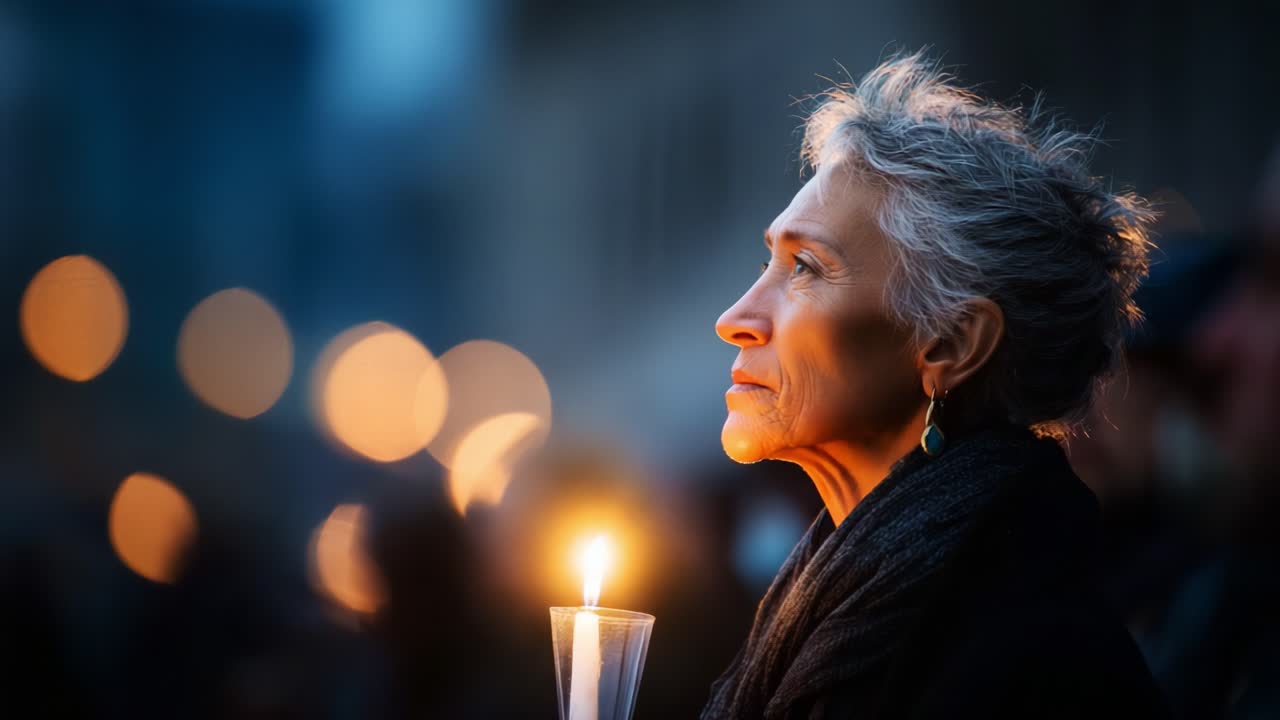 An emotional journey captured in two frames, showcasing a woman holding a candle close to her face, surrounded by a soft glow, reflecting the essence of hope and resilience in the moment