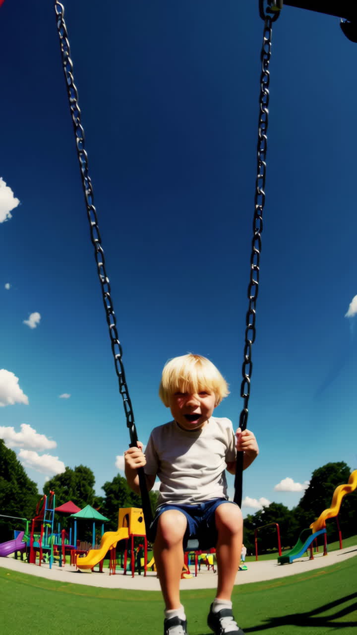 A Young Child Joyfully Swings at a Playground on a Sunny Day