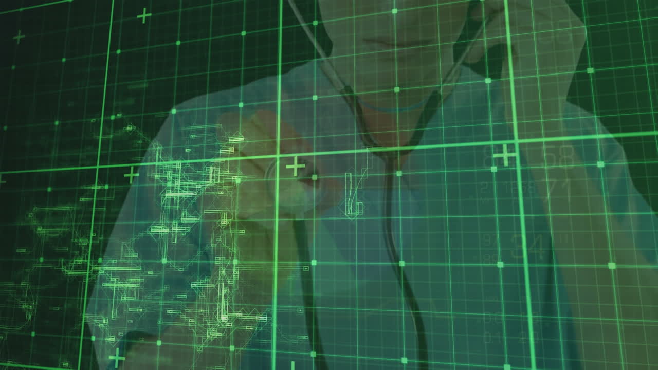 animación del procesamiento de datos en una pantalla digital sobre un médico caucásico con un estetoscopio