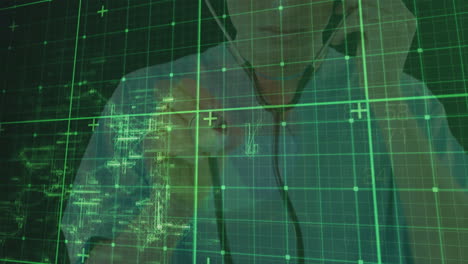 animación del procesamiento de datos en una pantalla digital sobre un médico caucásico con un estetoscopio
