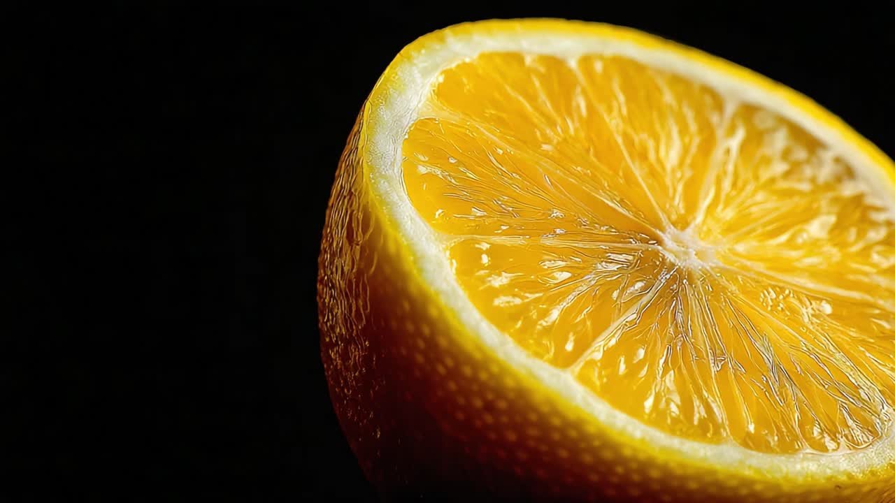 Primo piano di mezzo limone succoso che mostra la sua polpa giallo brillante e la sua buccia dalla texture particolare su uno sfondo scuro, perfetto come ispirazione culinaria
