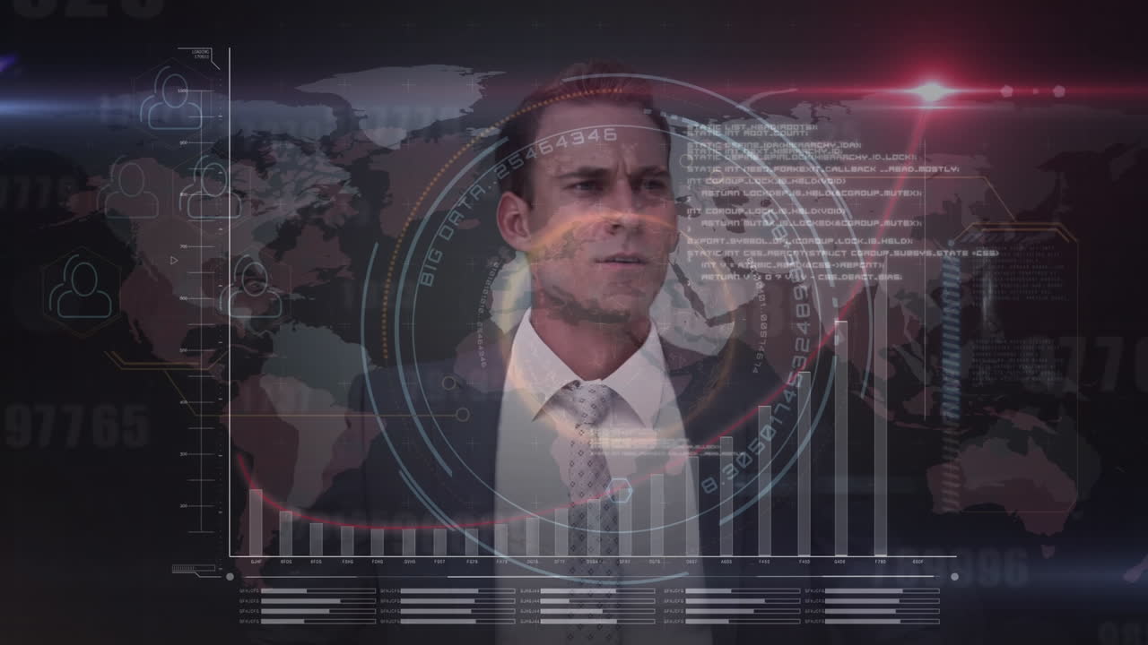 Animazione di uomo d'affari caucasico e elaborazione di dati diversi su schermo digitale