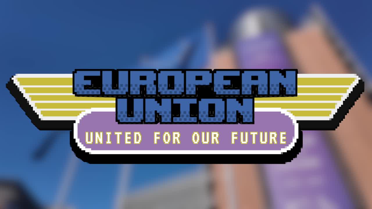 European Union banner with pixelated retro-style typography
