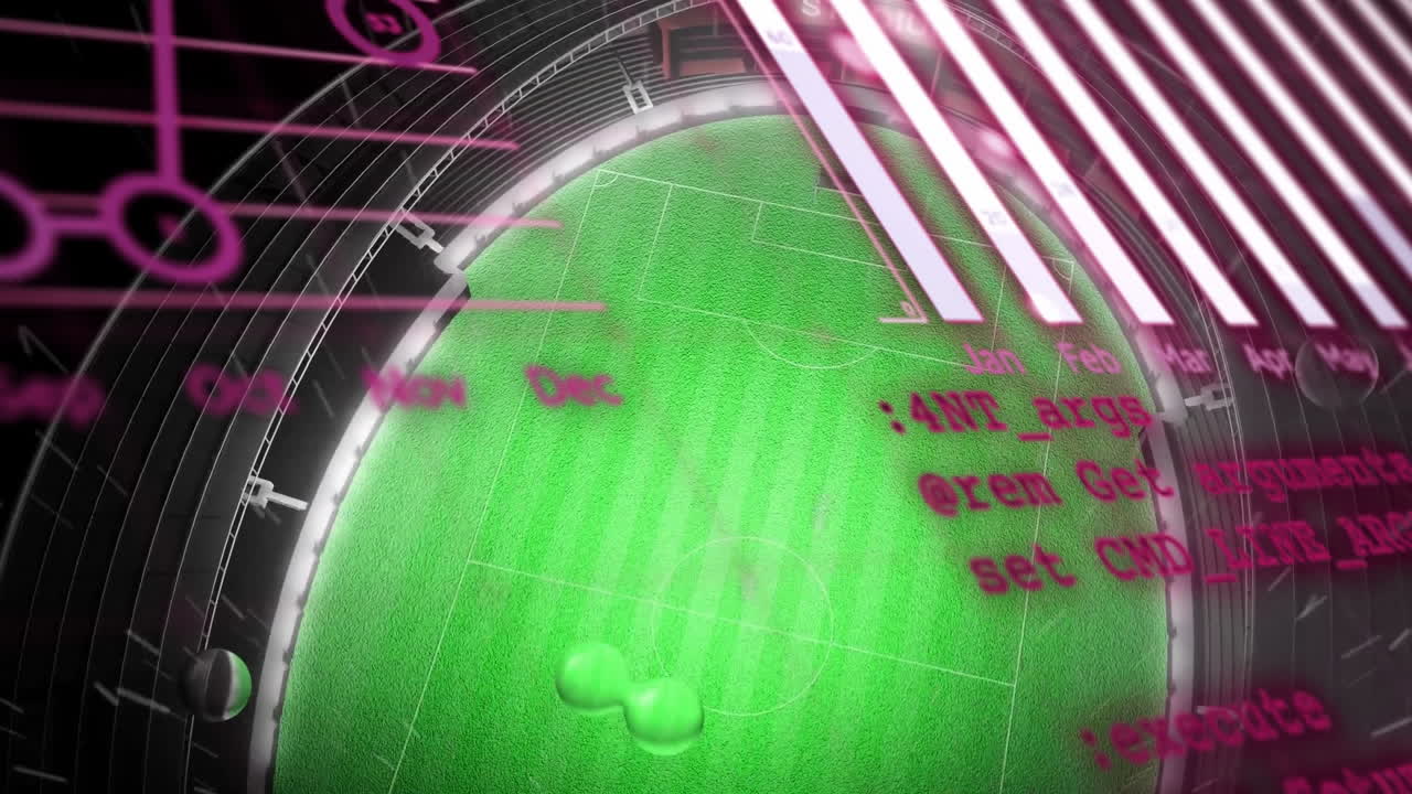 Futuristic digital interface with coding animation over soccer field graphic