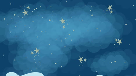 animation of sale text in black in black frame over multi coloured splodges on blue sky with stars