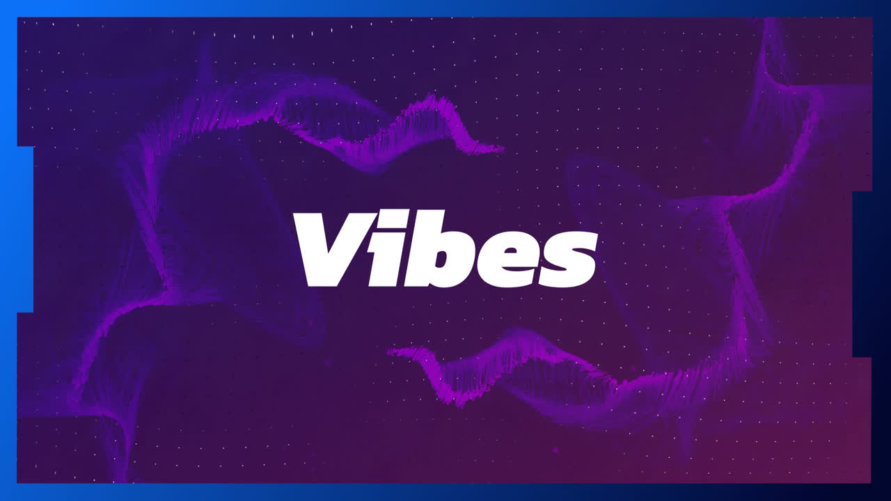 Animation of vibes over blue moving clouds on navy blue background