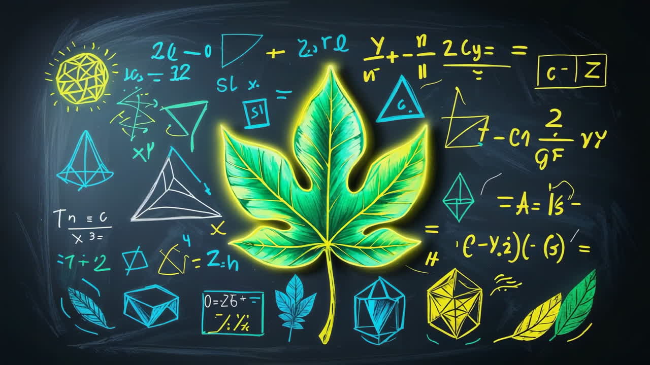 Glowing Leaf with Mathematical Equations and Geometric Shapes on a Chalkboard