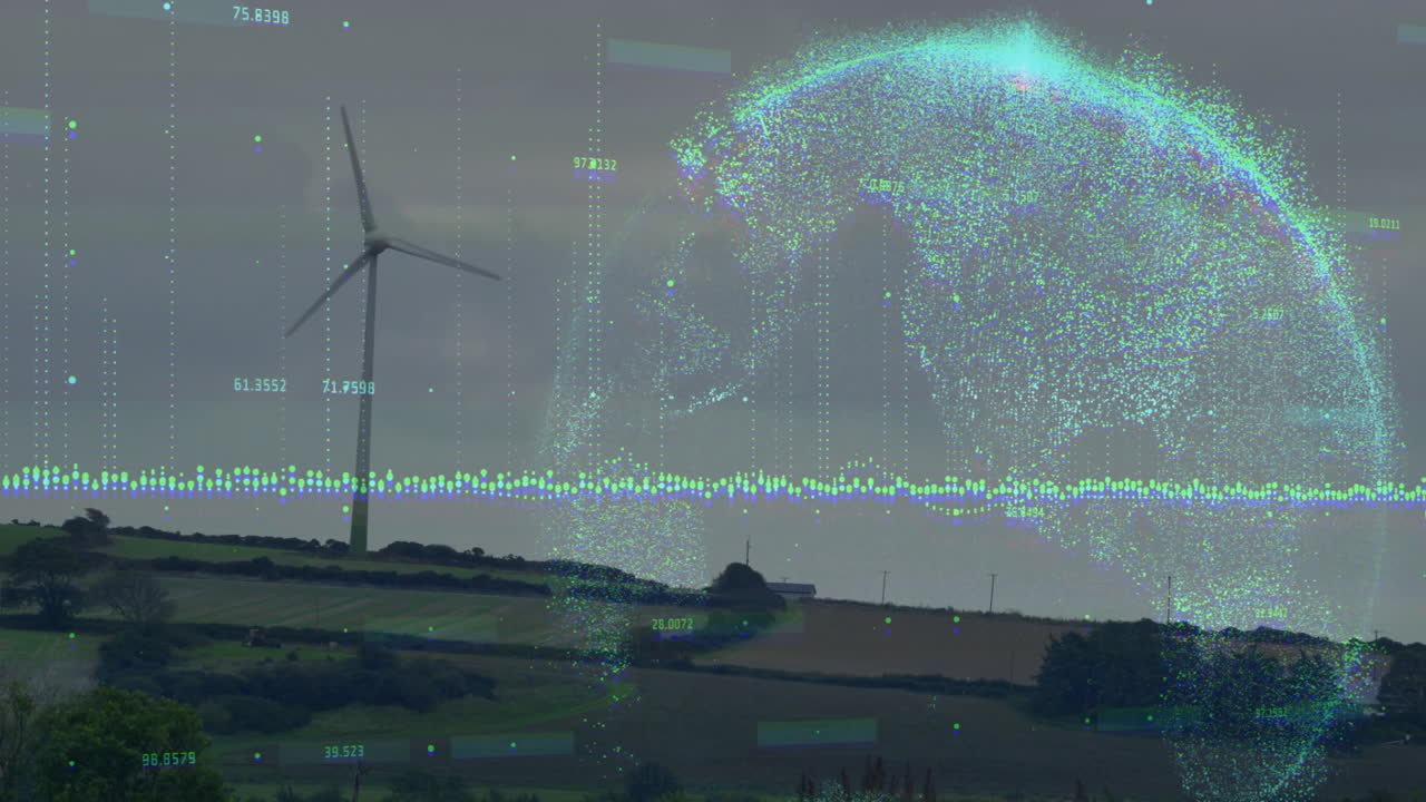 Wind turbine in countryside with digital globe and data processing animation overlay