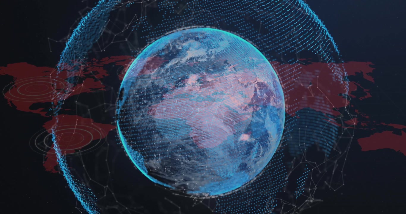 Animation of data processing over world map and globe