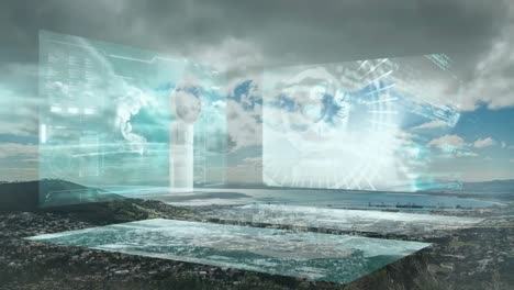Animation of data processing on screens over seaside