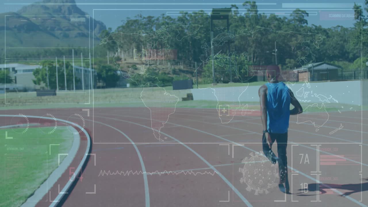 Animation of digital screen over african american man with running blade training at stadium