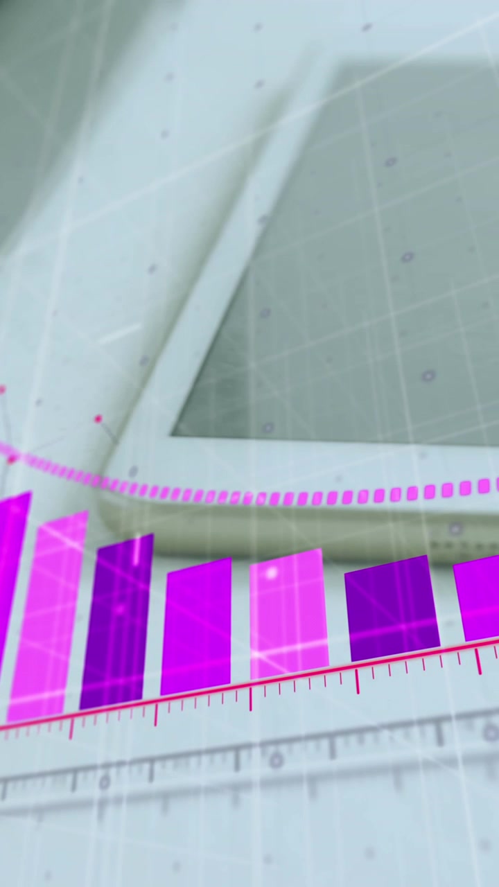 Animazione di elaborazione di dati statistici con tablet digitale, laptop e fogli bianchi su un tavolo.