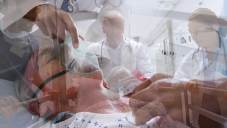 Senior-patient-wearing-an-oxygen-mask-over-doctors-pushing-a-hospital-bed-in-background