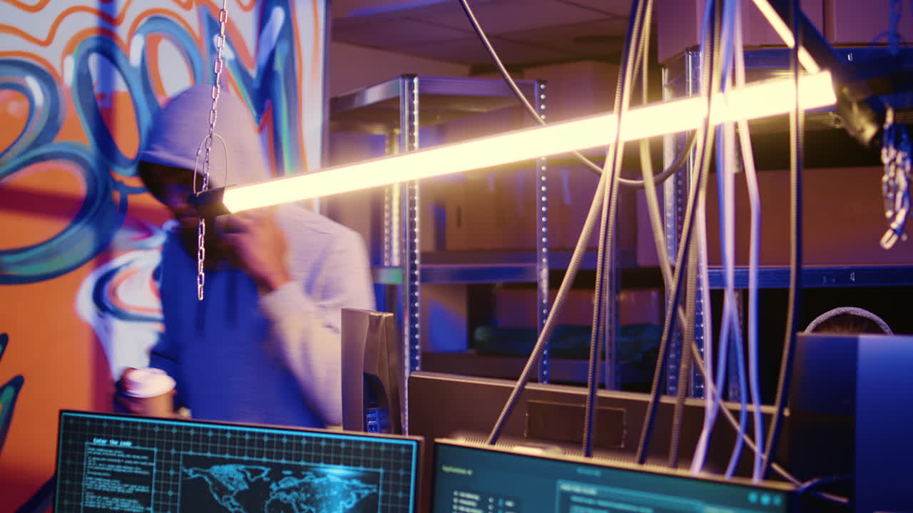 el hacker comienza su día con una taza de café.