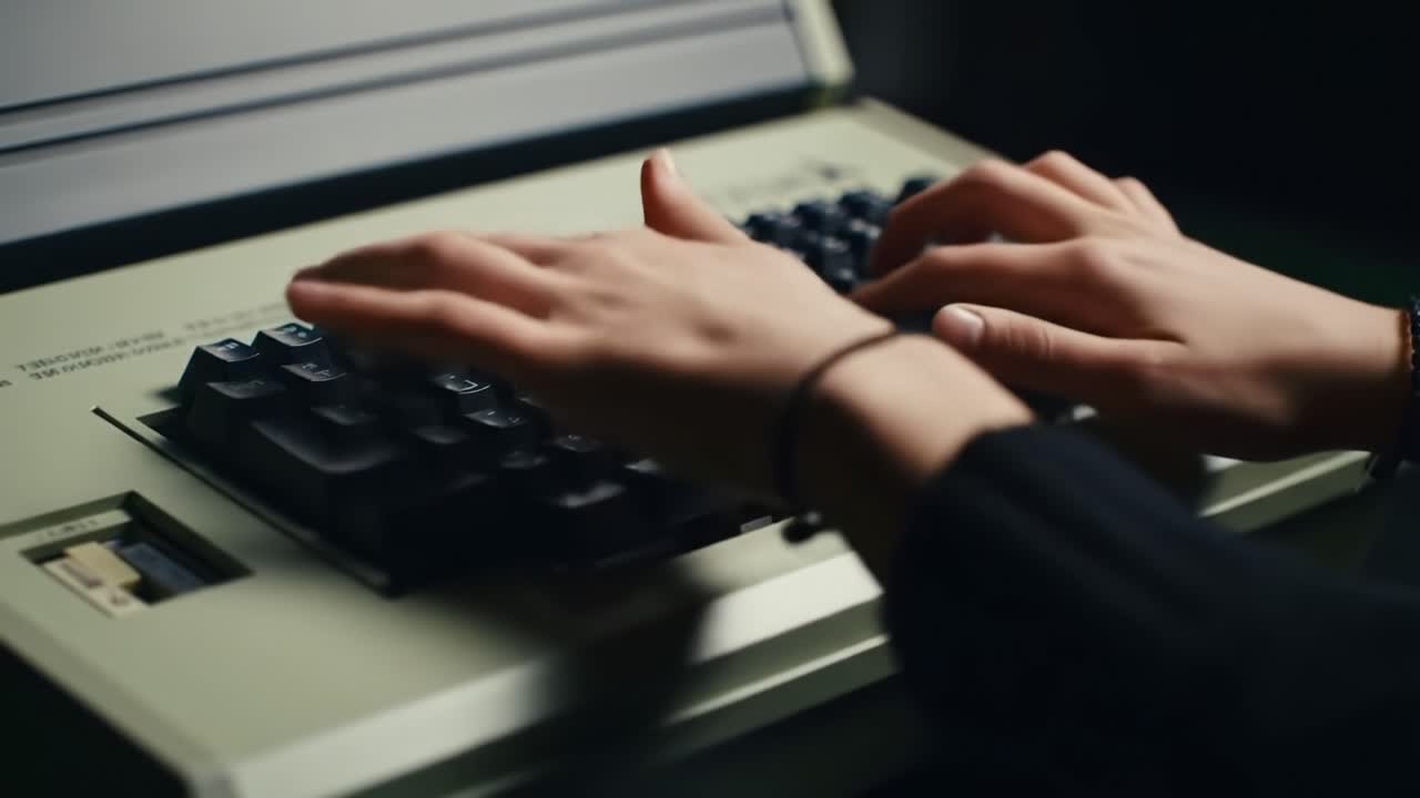 Capturing the Essence of Writing: A Focused Journey Through Typing on a Vintage Keyboard, where Passion Meets Precision in Every Stroke