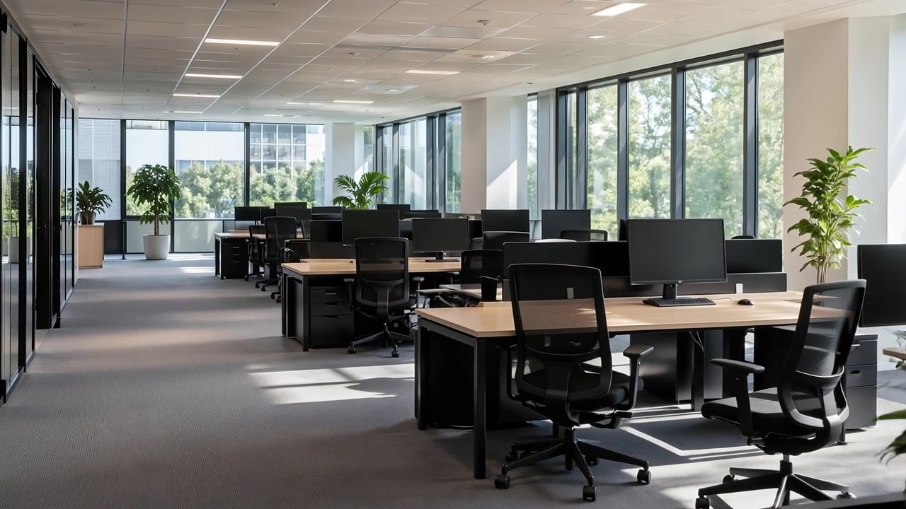 Empty modern open plan office workspace with rows of desks and green plants
