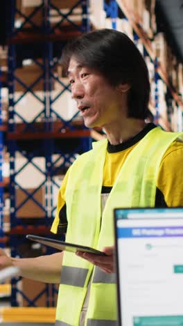 vertical video asian worker promoting the large business industrial warehouse on a vlog