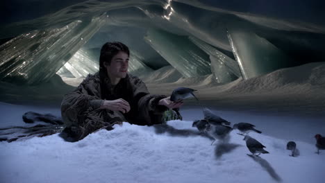 man feeding birds in an ice cave