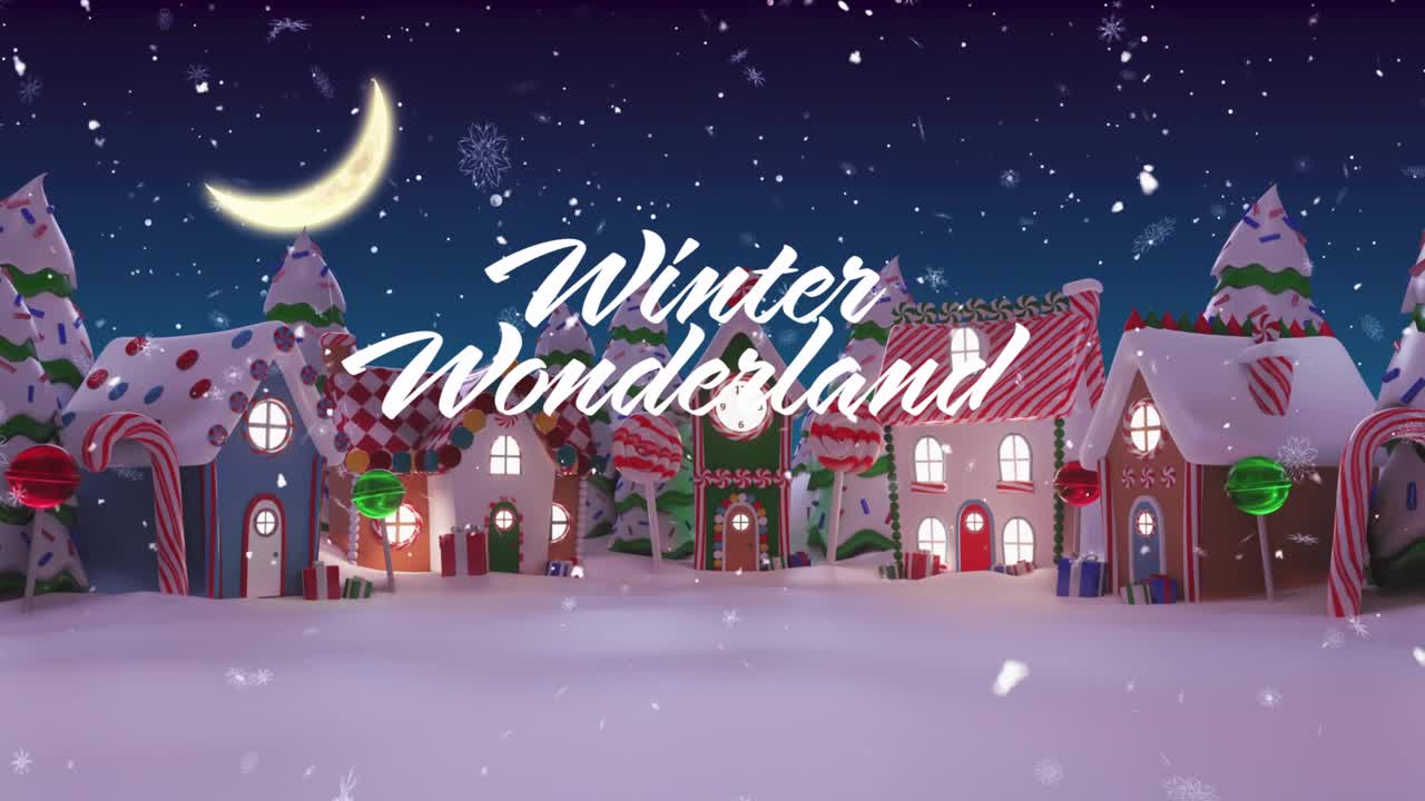Winter Wonderland title glowing, snowflake sparking sparkles, camera retreating revealing candyland
