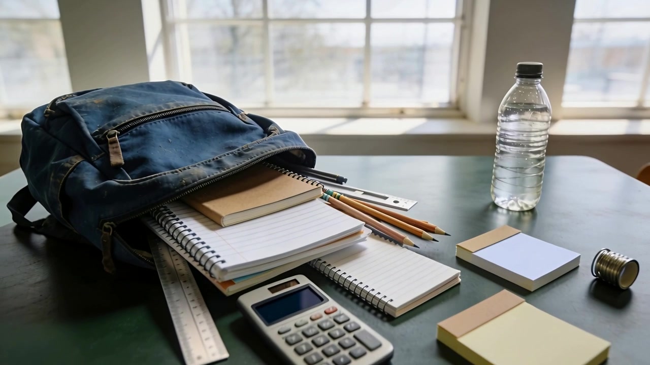 Moving camera showing blue backpack with spiral notebooks and pencils on tabletop for study prep